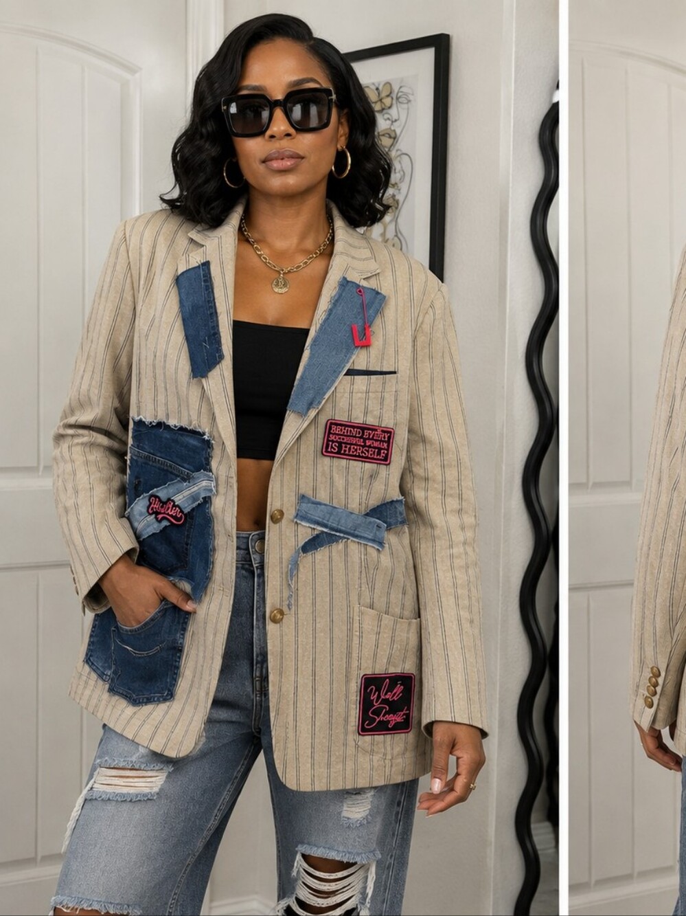 Re Worked Striped Patchwork Blazer Jacket - Beige